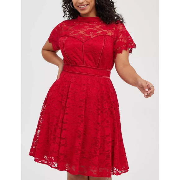 torrid Dresses & Skirts - Torrid Mock Neck Fit & Flare Mini Dress Lace Jester Red Velvet Trim Plus Size 26